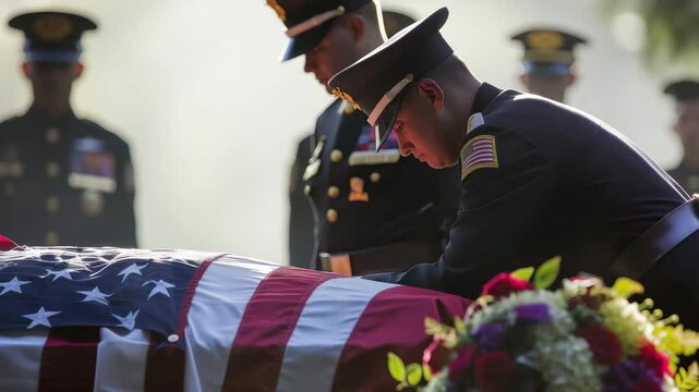 Honoring a fallen hero during a solemn military funeral ceremony with flag presentation and mourning soldiers in a serene setting