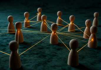 Obraz premium Understanding network connections: wooden figures connected by light representing social networking concept