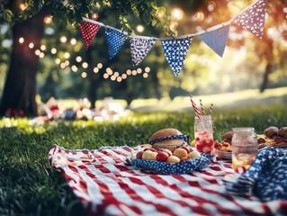 Picnic:  outdoor celebration with burgers, watermelon, and festive decorations