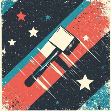 Retro space-age hammer poster: vintage design with stars and stripes | mid-century modern art print