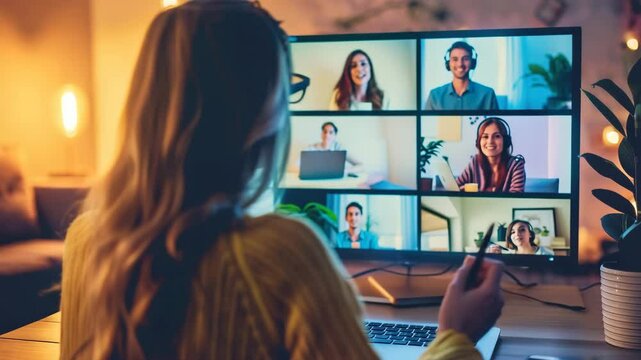 Engaging online meeting with diverse participants in a cozy workspace setting