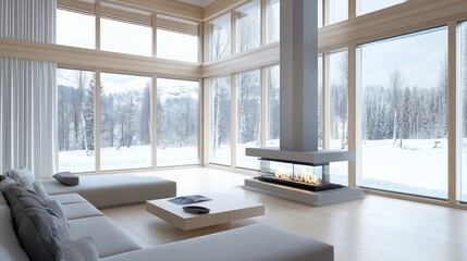 Modern living room with a contemporary fireplace and expansive winter views.