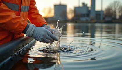 Environmental engineer tests water reservoir. Person in gloves collect water sample in test tube. Clear liquid splashes. Background water treatment plant pollution eco concept.