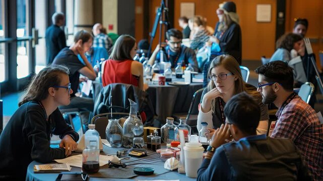 Engaged participants discussing innovative ideas at a collaborative workshop event in a modern conference setting