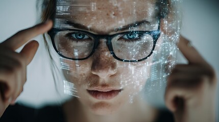 Woman wearing glasses futuristic digital overlay interface technology modern data network innovative digital future bright screen intelligent woman glasses artificial    