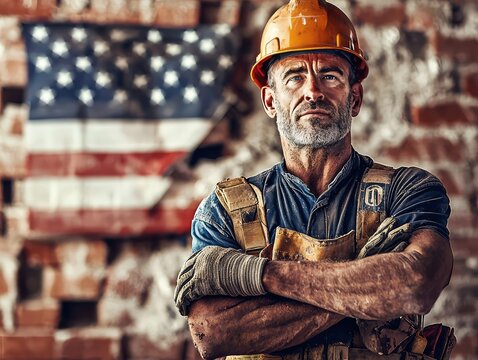 American construction worker: portrait of a hardworking man in a hard hat against a blurred american flag background, symbolizing patriotism and labor in the united states - Powered by Adobe