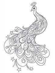 Obraz premium Ornate peacock coloring page, decorative design for kids