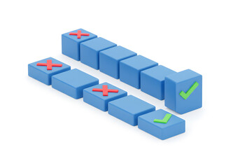 Right versus wrong concept with blue blocks check mark and cross mark success and failure comparison