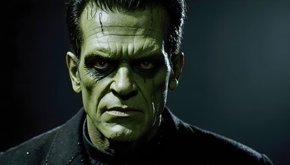 Frankenstein monster close-up over a dark background, Halloween night wallpaper