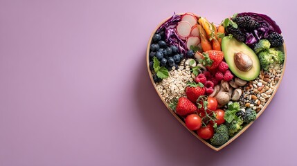 Healthy Heart Shaped Bowl Vibrant Fruits Vegetables Oatmeal Superfood Mix Dietary Nutrition Wellness Lifestyle Concept Photography Image red pink fresh green plate vegan 