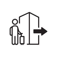Person with luggage exiting a building, indicated by an arrow