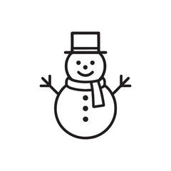 A simple line drawing of a happy snowman wearing a hat and scarf