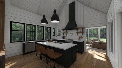 Interior design rendering of a modern farmhouse kitchen.