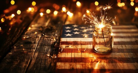 Sparkler in mason jar on rustic wooden american flag background: festive image