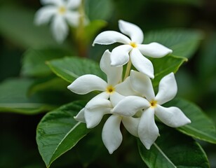 Obraz premium White crape jasmine flower with bright green leaves. Natural garden background. Blooming Tabernaemontana divaricata flower. Fresh flora for cards, wallpaper, spring, summer designs. Beautiful floral