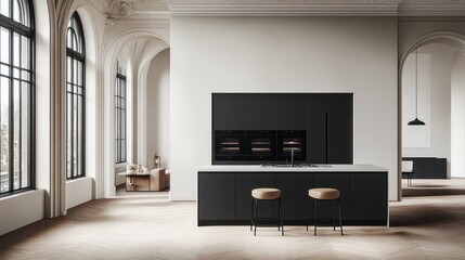 Modern kitchen design in a grand, historical space.