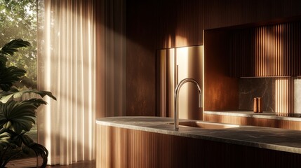 Modern kitchen interior design with warm sunlight.