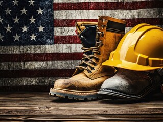 American labor day: worn work boots & hard hat against grunge us flag background. celebrating american workers, construction, and industry.   image for labor day, memorial day, or veterans day.