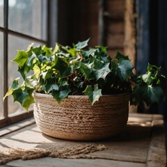 Ivy in a pot, light photo and interior in boho style, twine, close-up, professional photo, stock photography