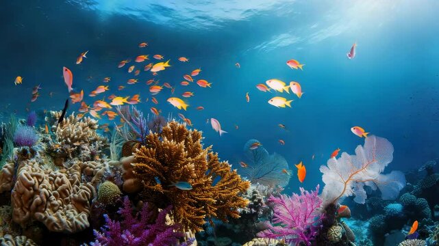 Colorful coral reef teems with diverse fish and vibrant marine life in clear ocean waters