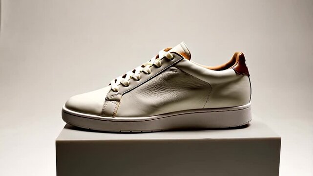 Off-white leather sneaker on a neutral display riser