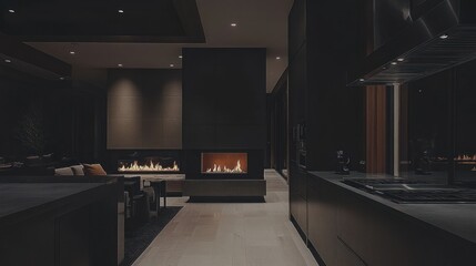 Modern, dark interior design featuring a fireplace.