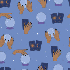 Magic ball and witch hands flat seamless pattern