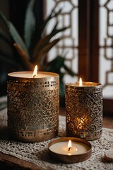 Boho style interior, light, sophisticated, close-up of candles and figurines, geometric shapes