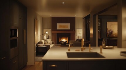 Modern living room and kitchen area at dusk.