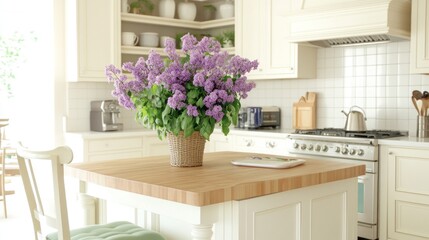 A bright, charming kitchen island with lilac flowers.