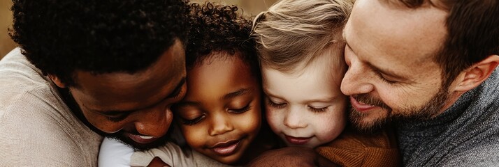 Loving gay couple embracing their multiracial children: a portrait of modern family love and diversity