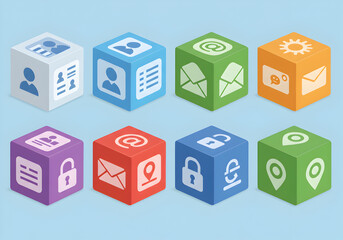 Isometric social media icons set of cubes contact email location security and user profile for web design