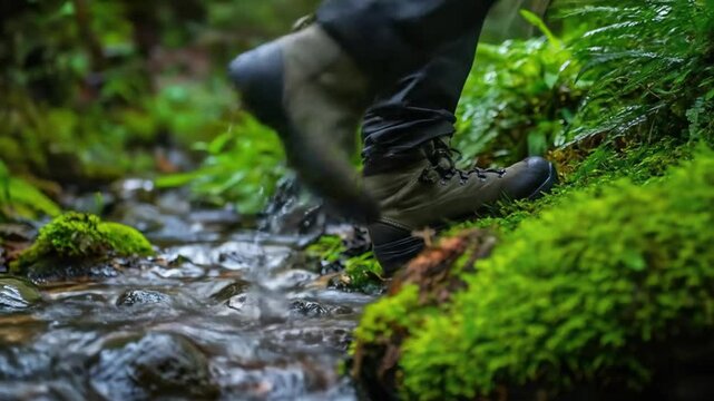 Hiking boots crossing stream outdoor adventure walking through water in the forest nature trail