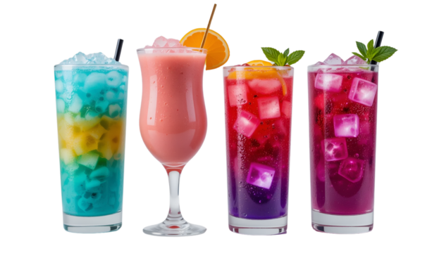 Colorful Layered Summer Cocktails with Ice, Fruit Garnishes, and Bright Presentation Isolated on Transparent Background

