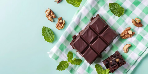 Flat Lay of Chocolate Bar on Green and White Checkered Cloth Surrounded by Walnuts Cashews and Fresh Mint Leaves for Natural Dessert Scene


