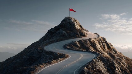 Vibrant photo of winding road ascending a steep isolated mountain peak topped with a flag symbolizing the challenging journey to success.
