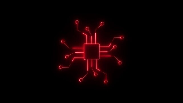 great computer processor icon red color animation. simple logotype CPU icon black background.  Moving signals, scaling . red  illustrations on black background.  Motion graphic.