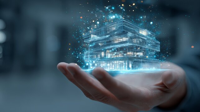 Modern Digital Building Architectural Design Hologram Futuristic Smart Home Technology Innovation Blueprint Virtual Reality Construction Project Presentation Interactive