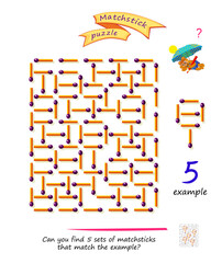 Logic puzzle game with matches for smartest. Can you find 5 sets of matchsticks that match the example? Page for brain teaser book. Developing spatial thinking skills. Vector illustration.