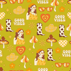 Groovy hippie seamless pattern green