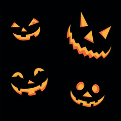 Vector illustration of various spooky Halloween pumpkin faces. A collection of scary expressions in a bold, graphic style—perfect for party decor, stickers, or seasonal designs.