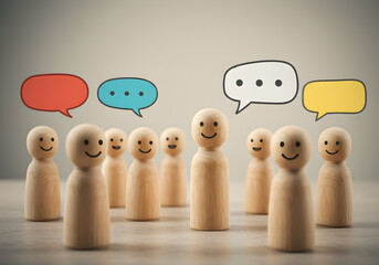 Wooden figures with speech bubbles representing communication and social interaction concept image