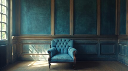 A sunlit antique room with teal paneling and armchair.
