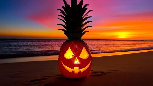 Illuminated jack-o'-lantern pineapple on a beach at sunset