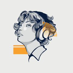 Vector illustration of a stylish girl in headphones isolated from the background. Drawn in gray and yellow tones, it is suitable for printing