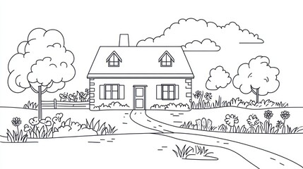 Naklejka premium Simple sketch of a cottage in a landscape, suitable for coloring book or design inspiration
