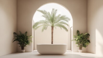 Beige interior design featuring a bathtub and palm tree.