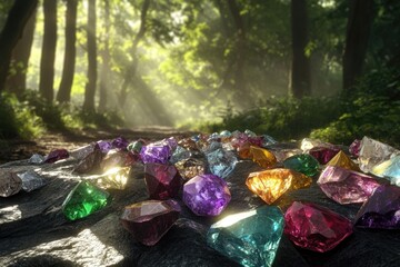 A glittering pile of colorful gems sparkles on a forest path bathed in sunlight.