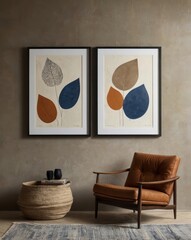 Two framed prints of abstract leaves in a living room setting