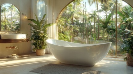 Luxurious bathroom with a tranquil garden view.